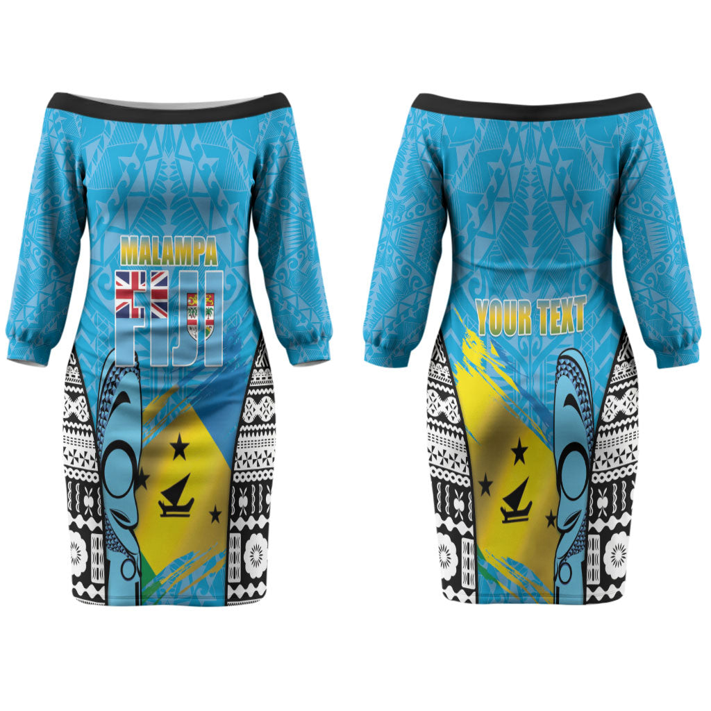 Personalised Malampa Fiji Day 2026 Family Matching Off The Shoulder Long Sleeve Dress and Hawaiian Shirt Unique Style LT05 Mom's Dress Blue - Polynesian Pride