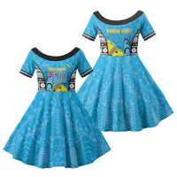 Personalised Malampa Fiji Day 2026 Family Matching Off The Shoulder Long Sleeve Dress and Hawaiian Shirt Unique Style LT05 Daughter's Dress Blue - Polynesian Pride