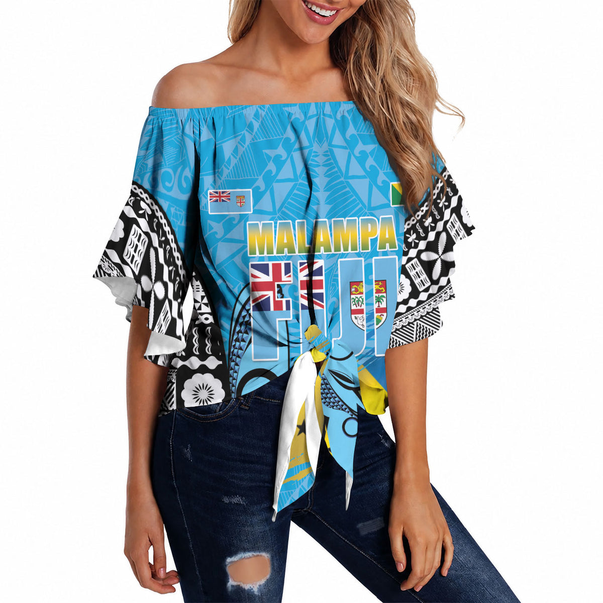 Personalised Malampa Fiji Day 2026 Off Shoulder Wrap Waist Top Unique Style LT05 Blue - Polynesian Pride
