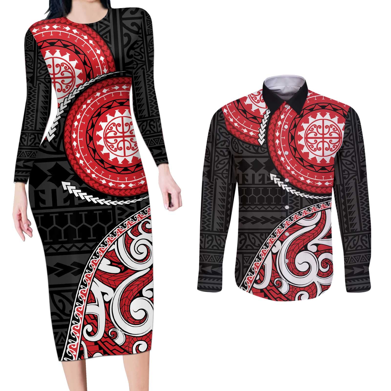 New Zealand Red Maori Koru Simple Style Couples Matching Long Sleeve Bodycon Dress and Long Sleeve Button Shirt