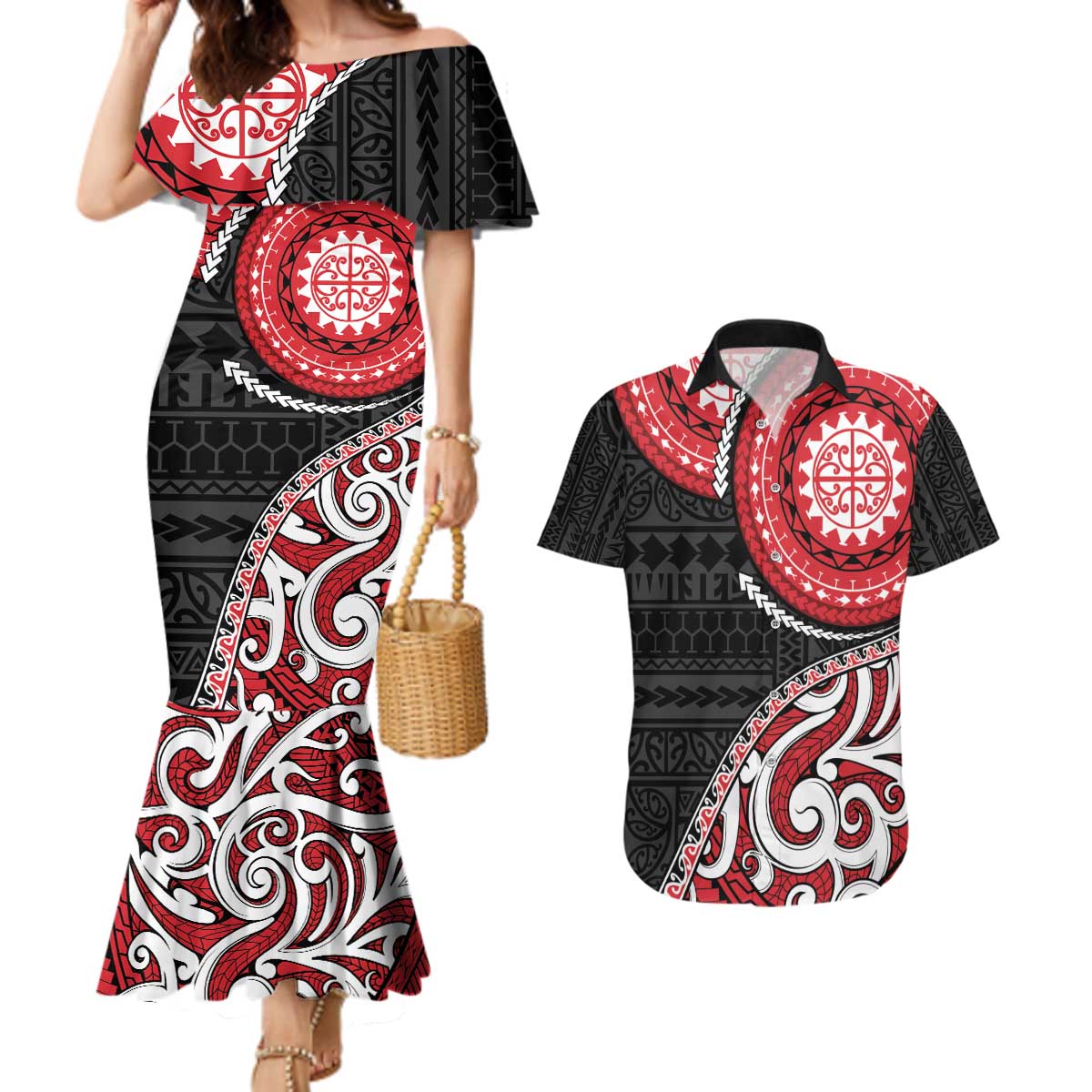 New Zealand Red Maori Koru Simple Style Couples Matching Mermaid Dress and Hawaiian Shirt