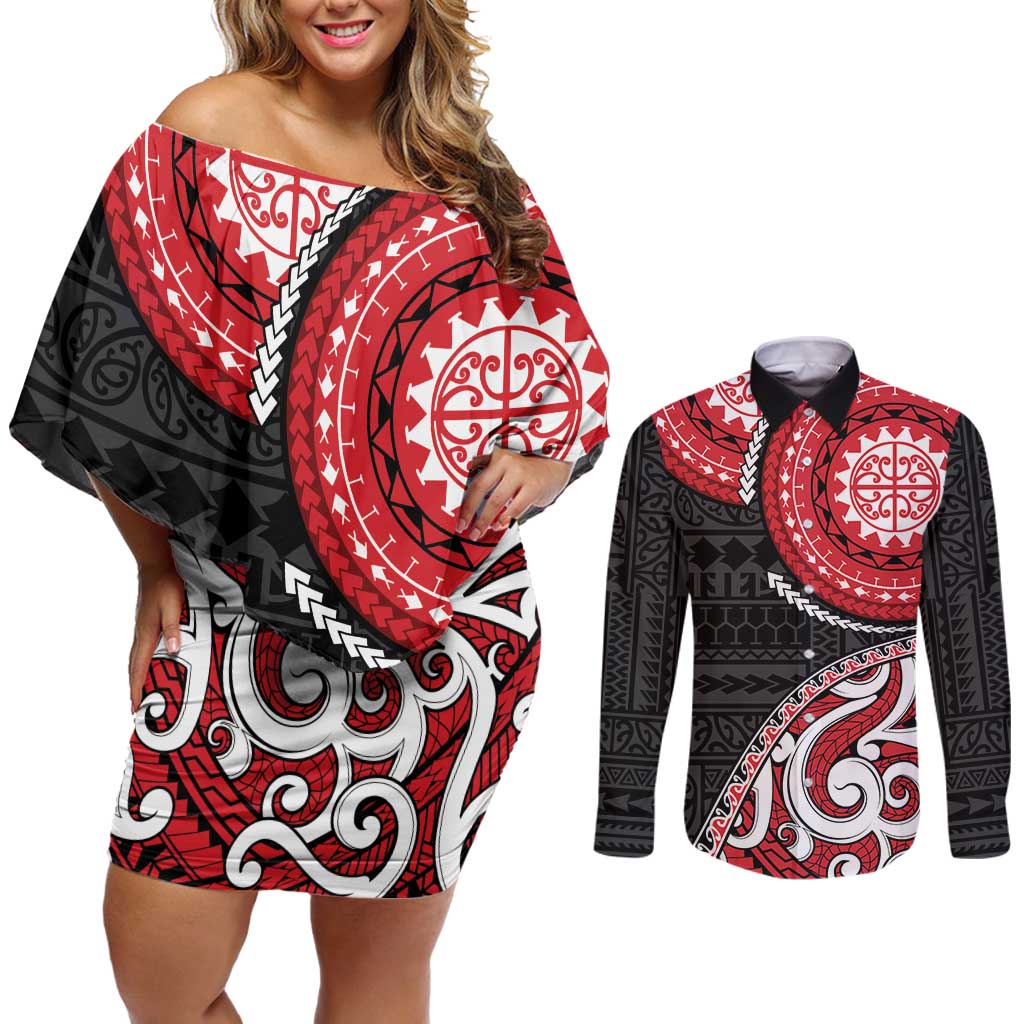 New Zealand Red Maori Koru Simple Style Couples Matching Off Shoulder Short Dress and Long Sleeve Button Shirt