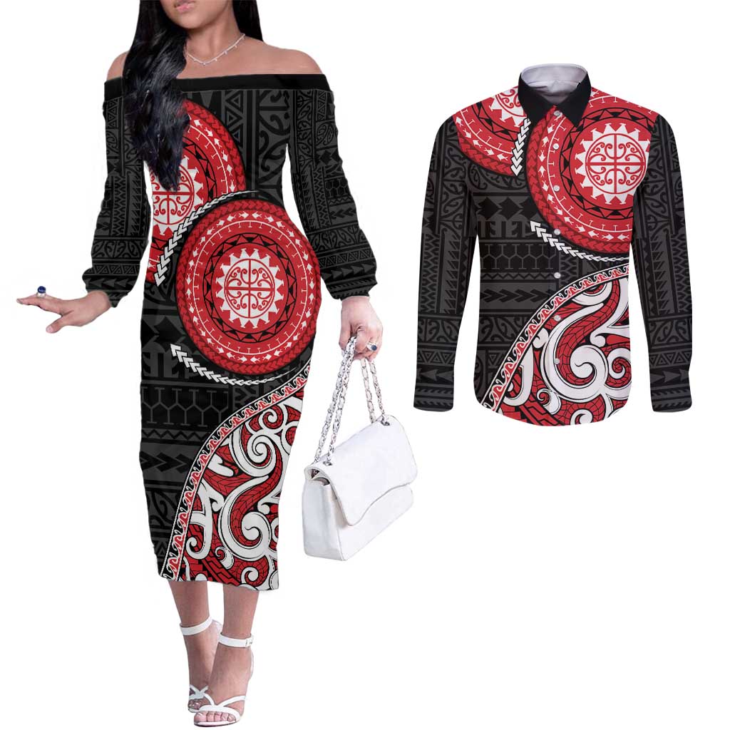 New Zealand Red Maori Koru Simple Style Couples Matching Off The Shoulder Long Sleeve Dress and Long Sleeve Button Shirt