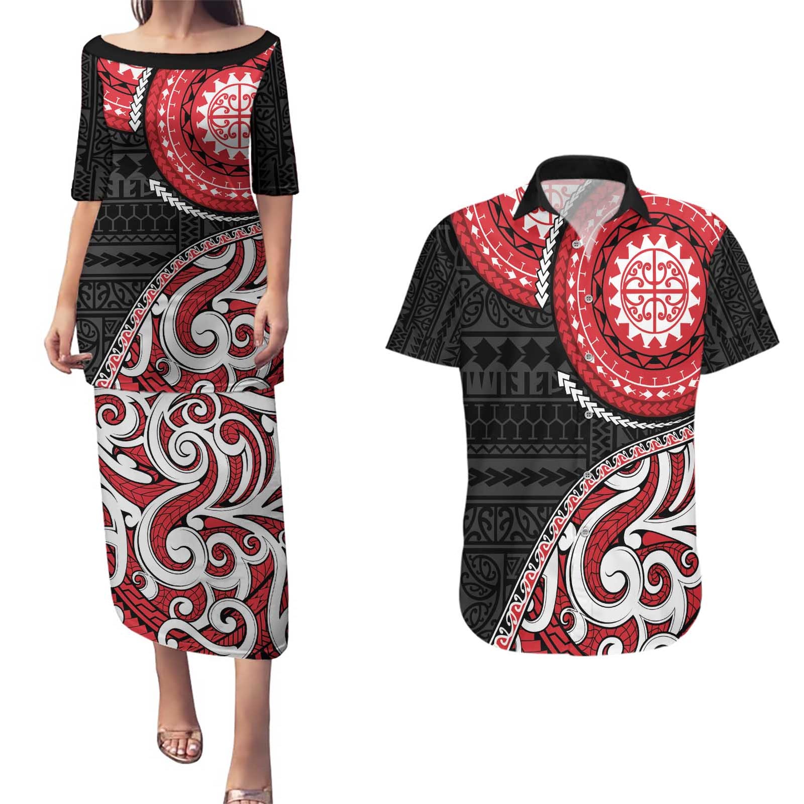 New Zealand Red Maori Koru Simple Style Couples Matching Puletasi and Hawaiian Shirt LT05 Red - Polynesian Pride