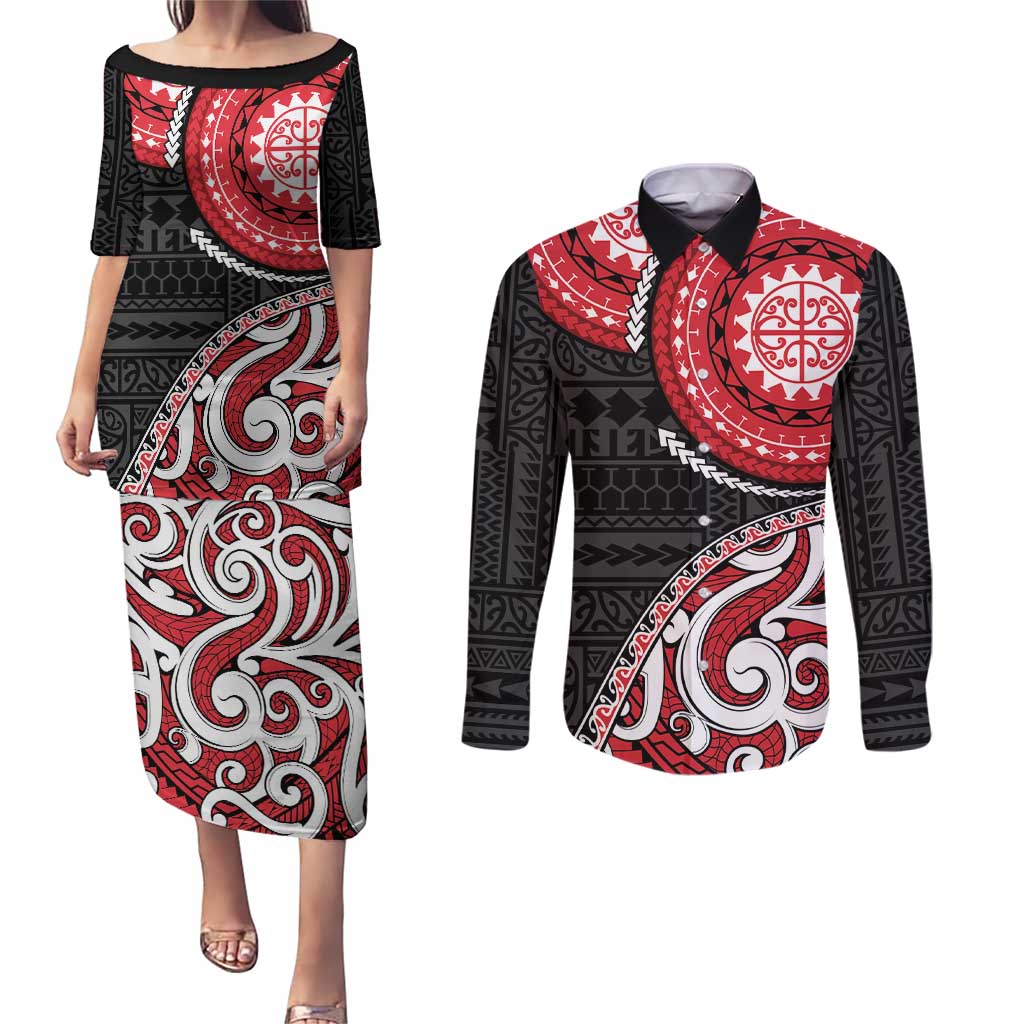 New Zealand Red Maori Koru Simple Style Couples Matching Puletasi and Long Sleeve Button Shirt