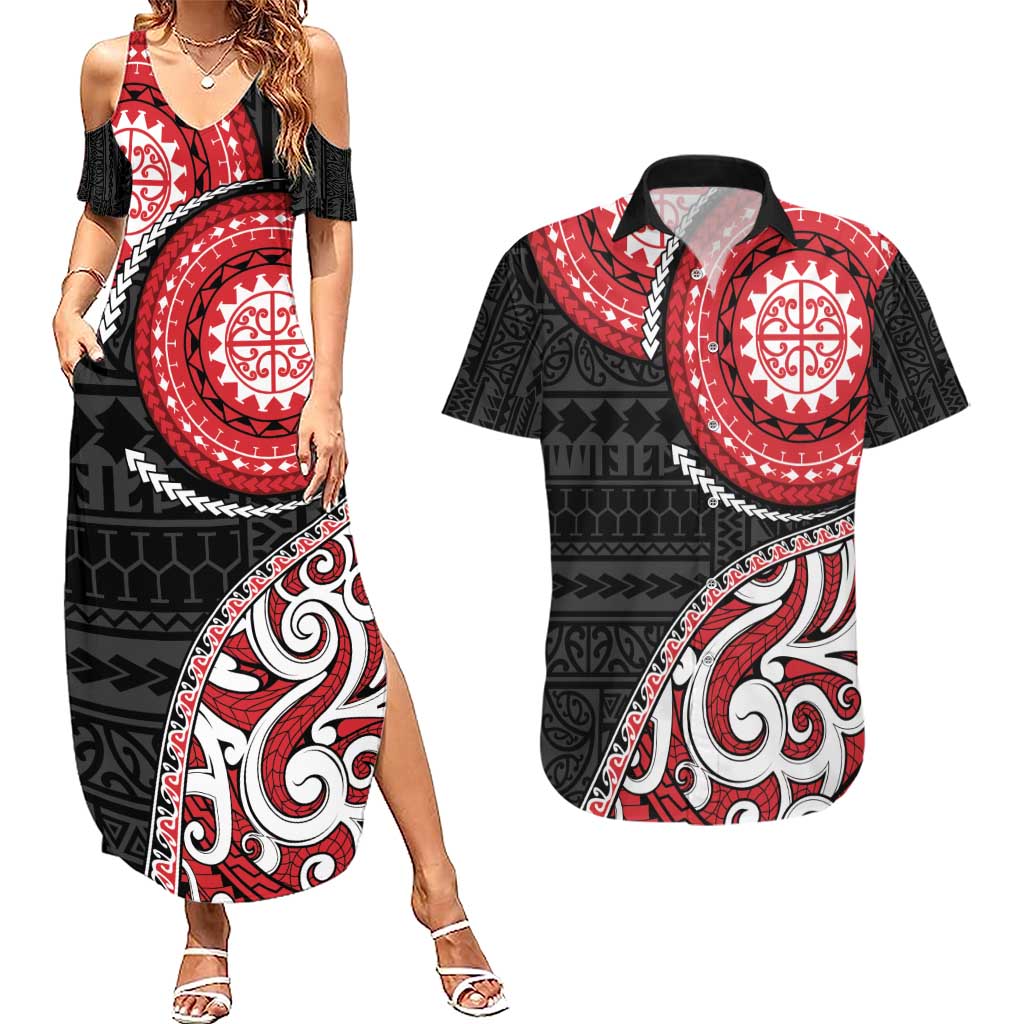 New Zealand Red Maori Koru Simple Style Couples Matching Summer Maxi Dress and Hawaiian Shirt