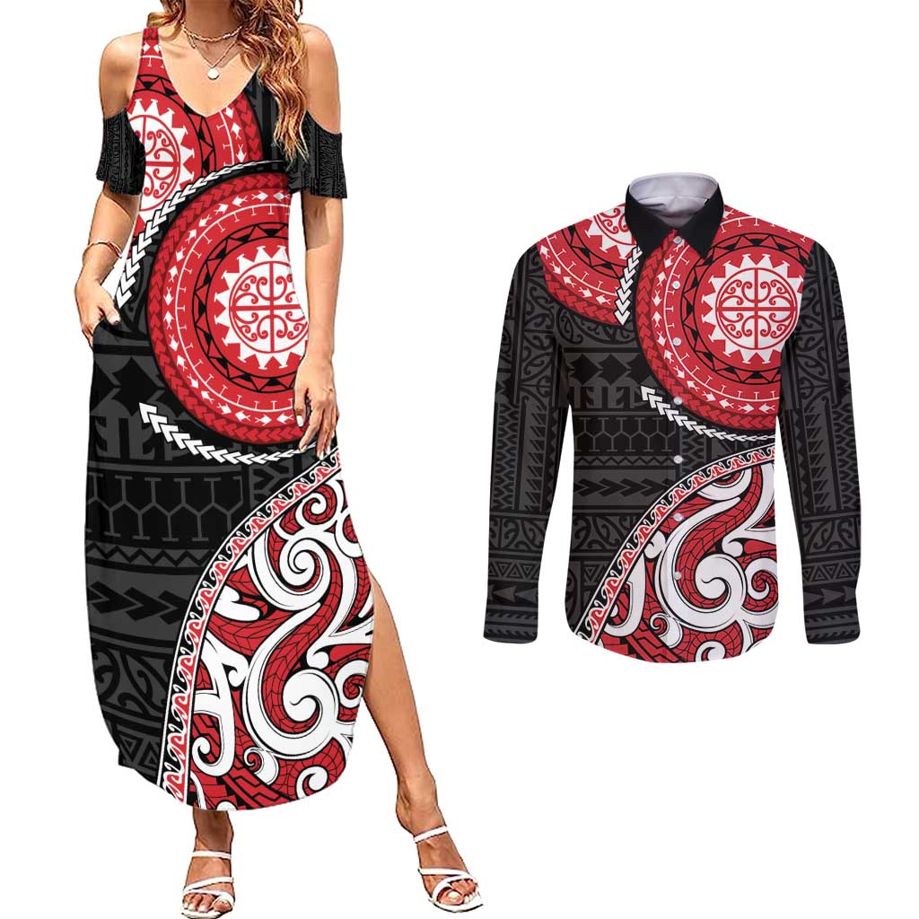 New Zealand Red Maori Koru Simple Style Couples Matching Summer Maxi Dress and Long Sleeve Button Shirt LT05 Red - Polynesian Pride