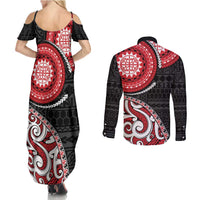 New Zealand Red Maori Koru Simple Style Couples Matching Summer Maxi Dress and Long Sleeve Button Shirt LT05 - Polynesian Pride