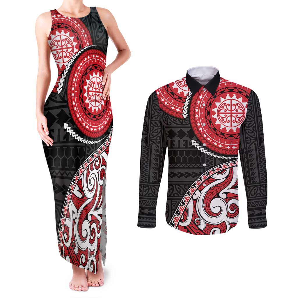 New Zealand Red Maori Koru Simple Style Couples Matching Tank Maxi Dress and Long Sleeve Button Shirt