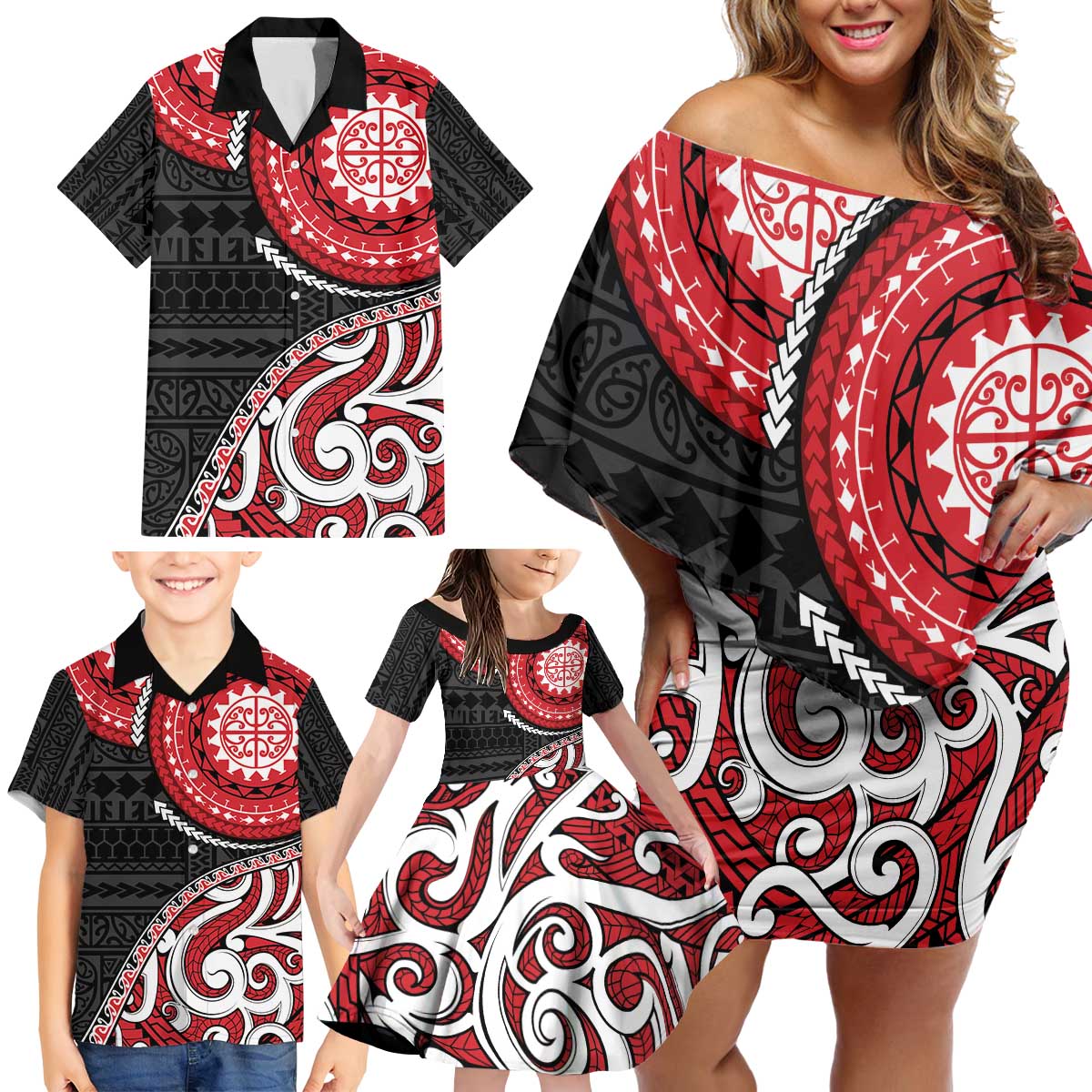 New Zealand Red Maori Koru Simple Style Family Matching Off Shoulder Short Dress and Hawaiian Shirt