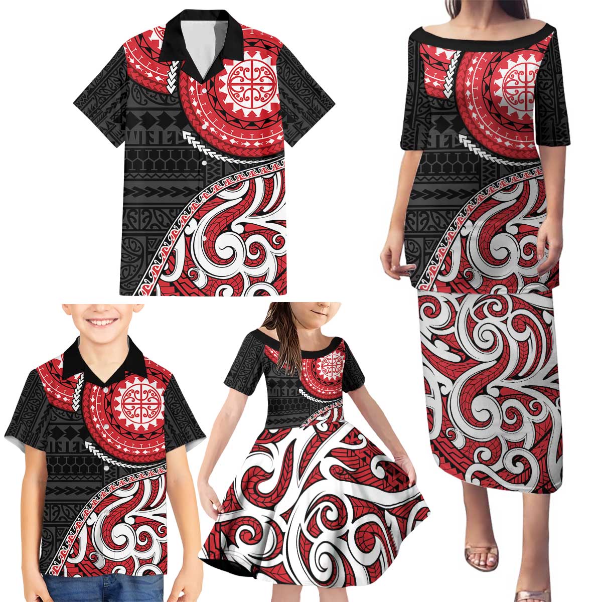 New Zealand Red Maori Koru Simple Style Family Matching Puletasi and Hawaiian Shirt LT05 - Polynesian Pride