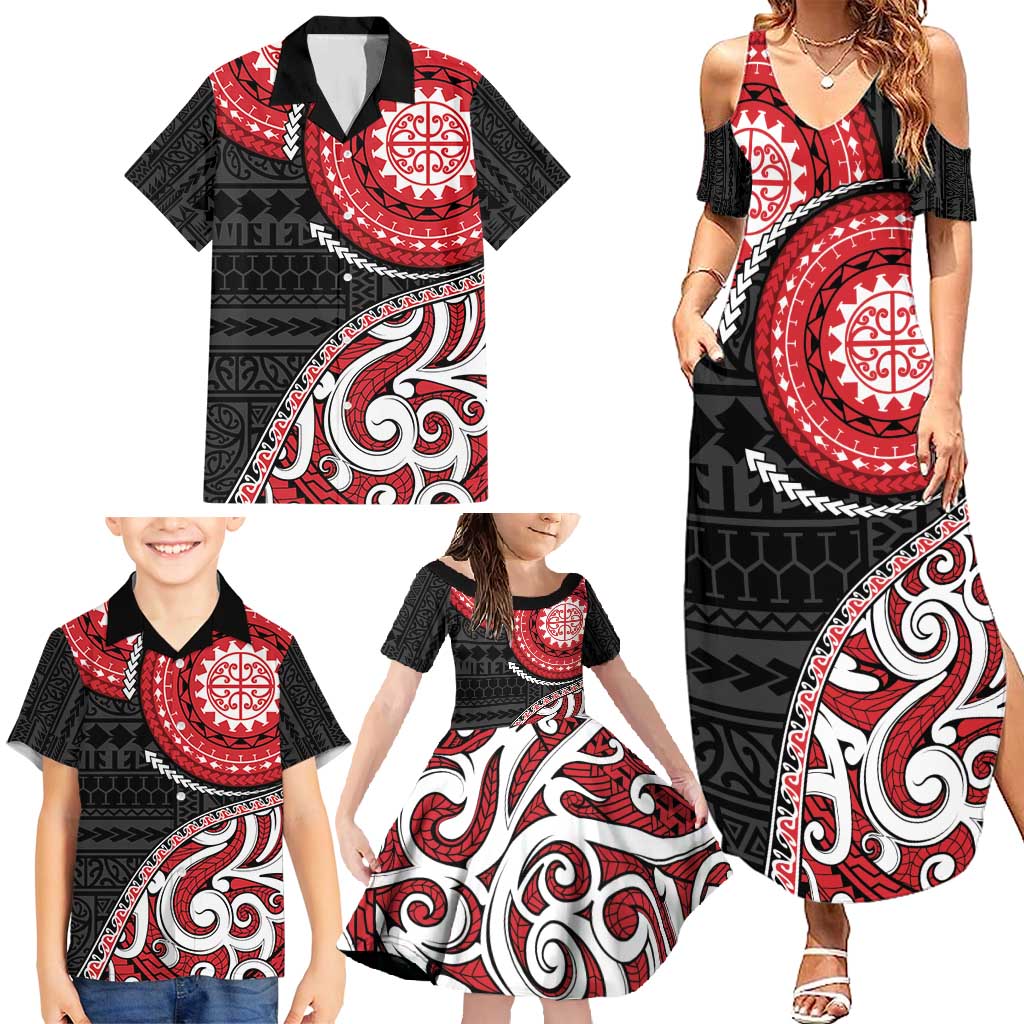 New Zealand Red Maori Koru Simple Style Family Matching Summer Maxi Dress and Hawaiian Shirt LT05 - Polynesian Pride
