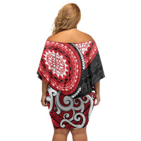 New Zealand Red Maori Koru Simple Style Off Shoulder Short Dress LT05 - Polynesian Pride