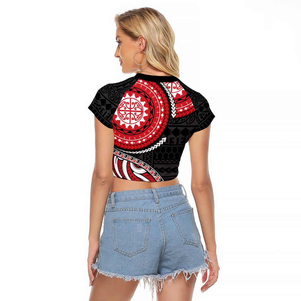 New Zealand Red Maori Koru Simple Style Raglan Cropped T Shirt LT05 - Polynesian Pride