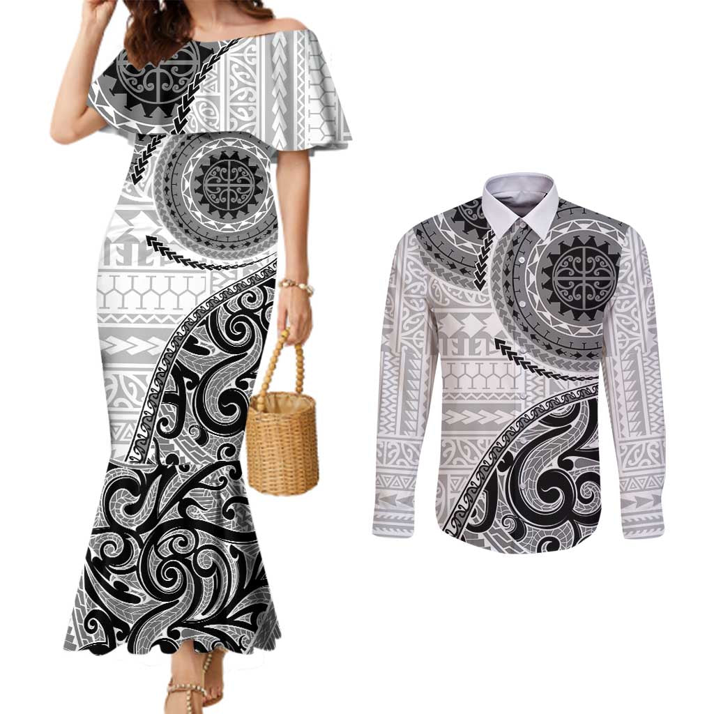 New Zealand White Maori Koru Simple Style Couples Matching Mermaid Dress and Long Sleeve Button Shirt