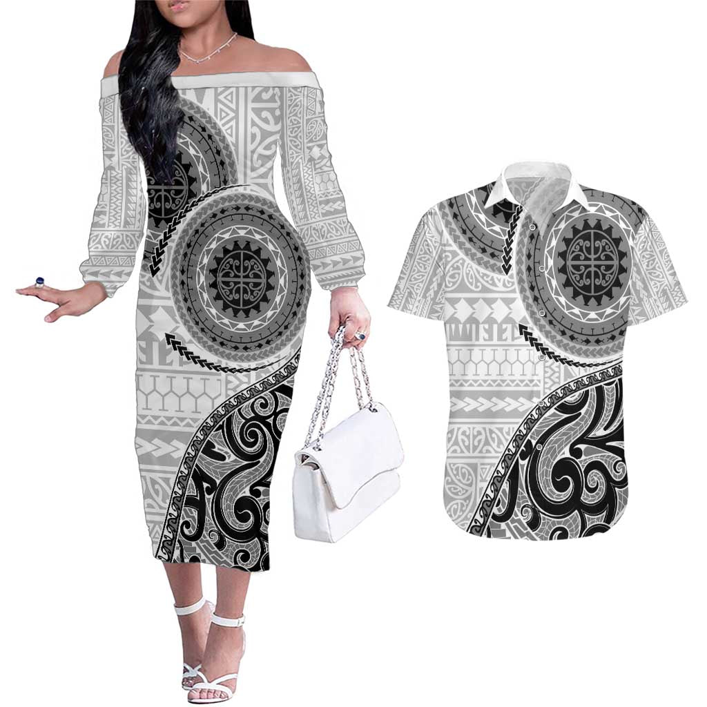 New Zealand White Maori Koru Simple Style Couples Matching Off The Shoulder Long Sleeve Dress and Hawaiian Shirt