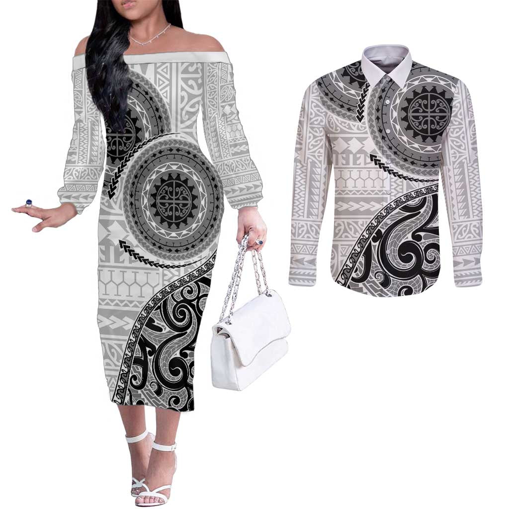 New Zealand White Maori Koru Simple Style Couples Matching Off The Shoulder Long Sleeve Dress and Long Sleeve Button Shirt