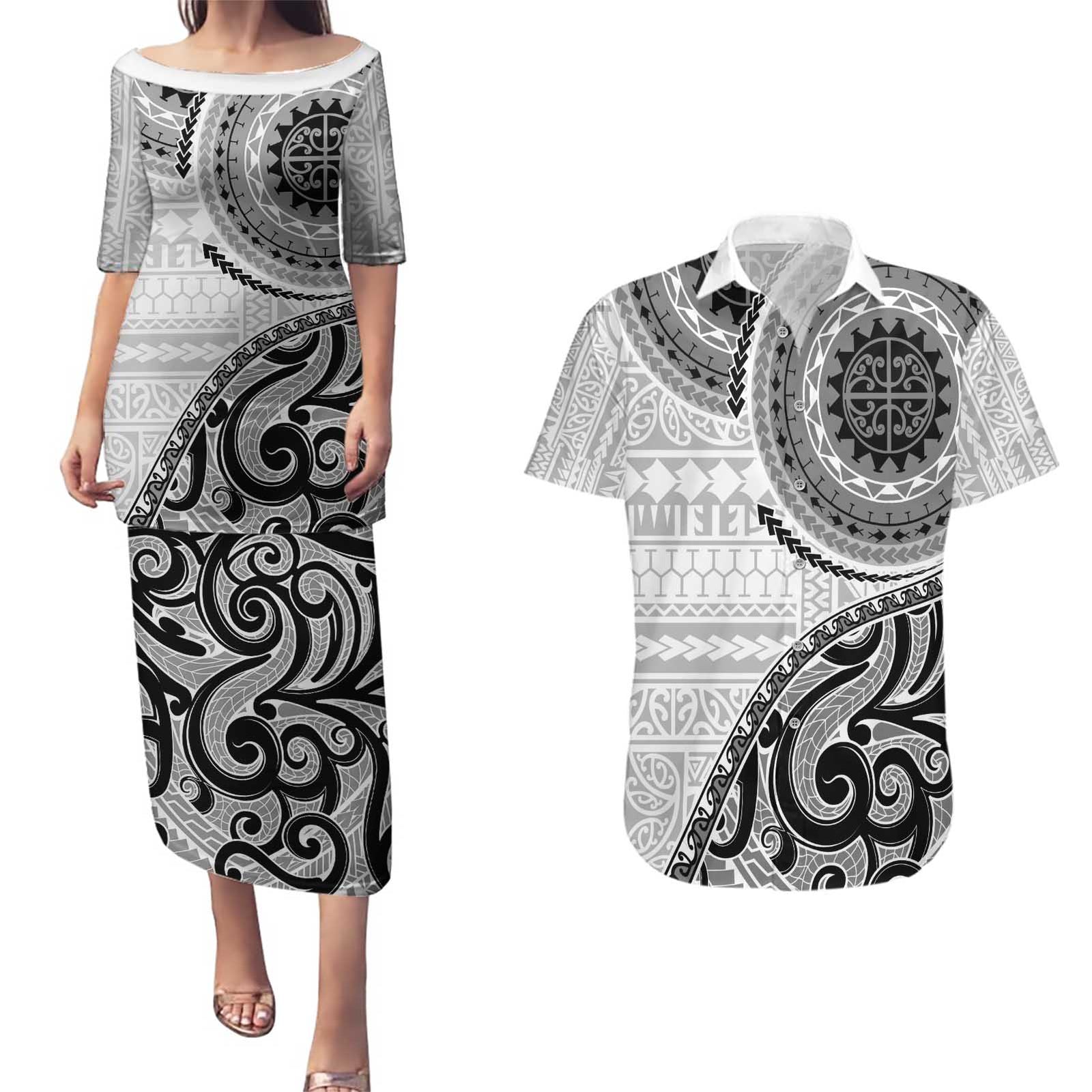 New Zealand White Maori Koru Simple Style Couples Matching Puletasi and Hawaiian Shirt LT05 White - Polynesian Pride