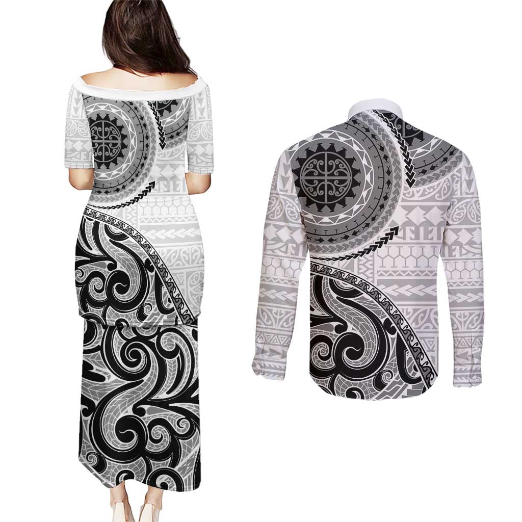 New Zealand White Maori Koru Simple Style Couples Matching Puletasi and Long Sleeve Button Shirt LT05 - Polynesian Pride