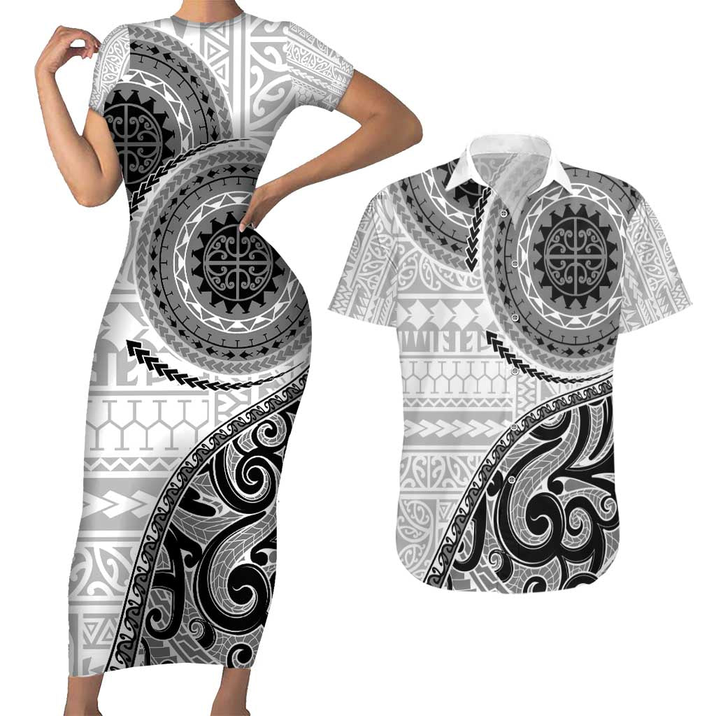 New Zealand White Maori Koru Simple Style Couples Matching Short Sleeve Bodycon Dress and Hawaiian Shirt