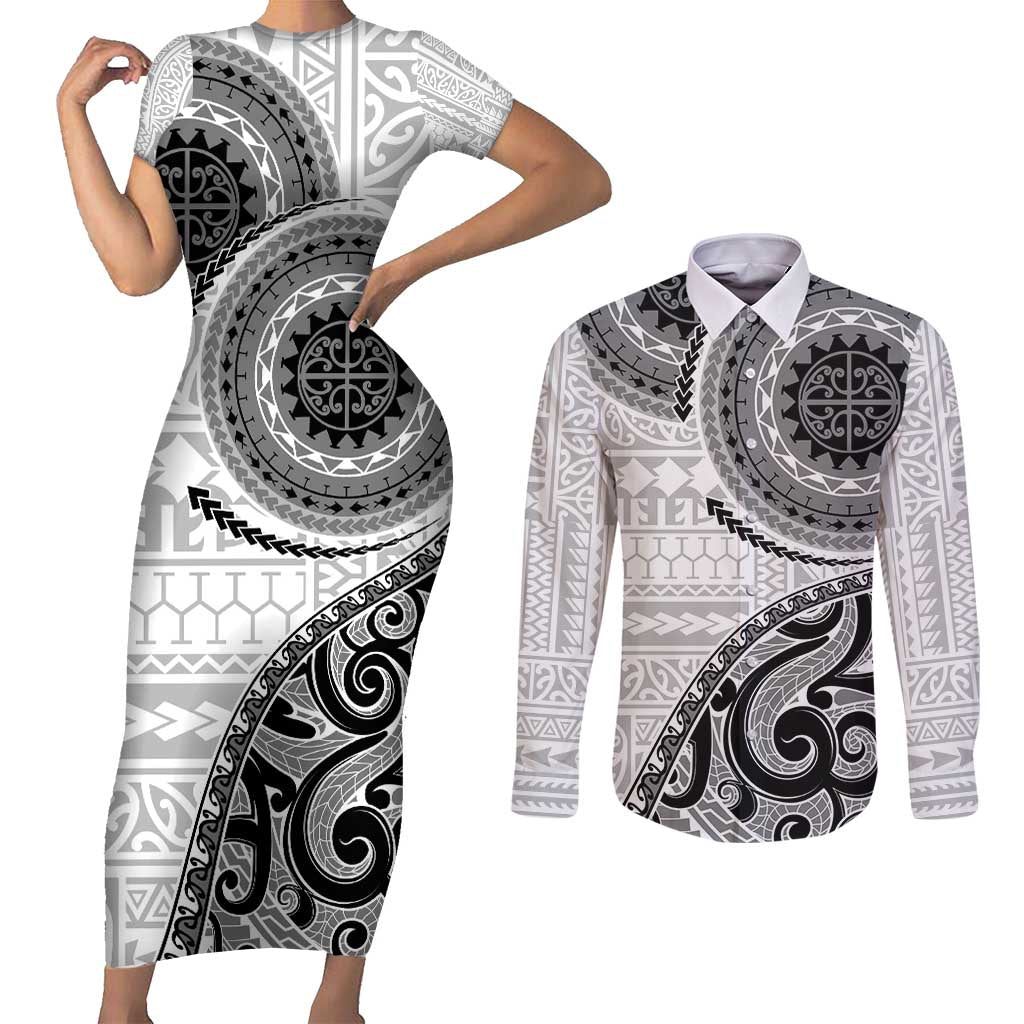 New Zealand White Maori Koru Simple Style Couples Matching Short Sleeve Bodycon Dress and Long Sleeve Button Shirt