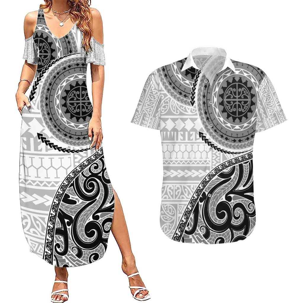 New Zealand White Maori Koru Simple Style Couples Matching Summer Maxi Dress and Hawaiian Shirt LT05 White - Polynesian Pride
