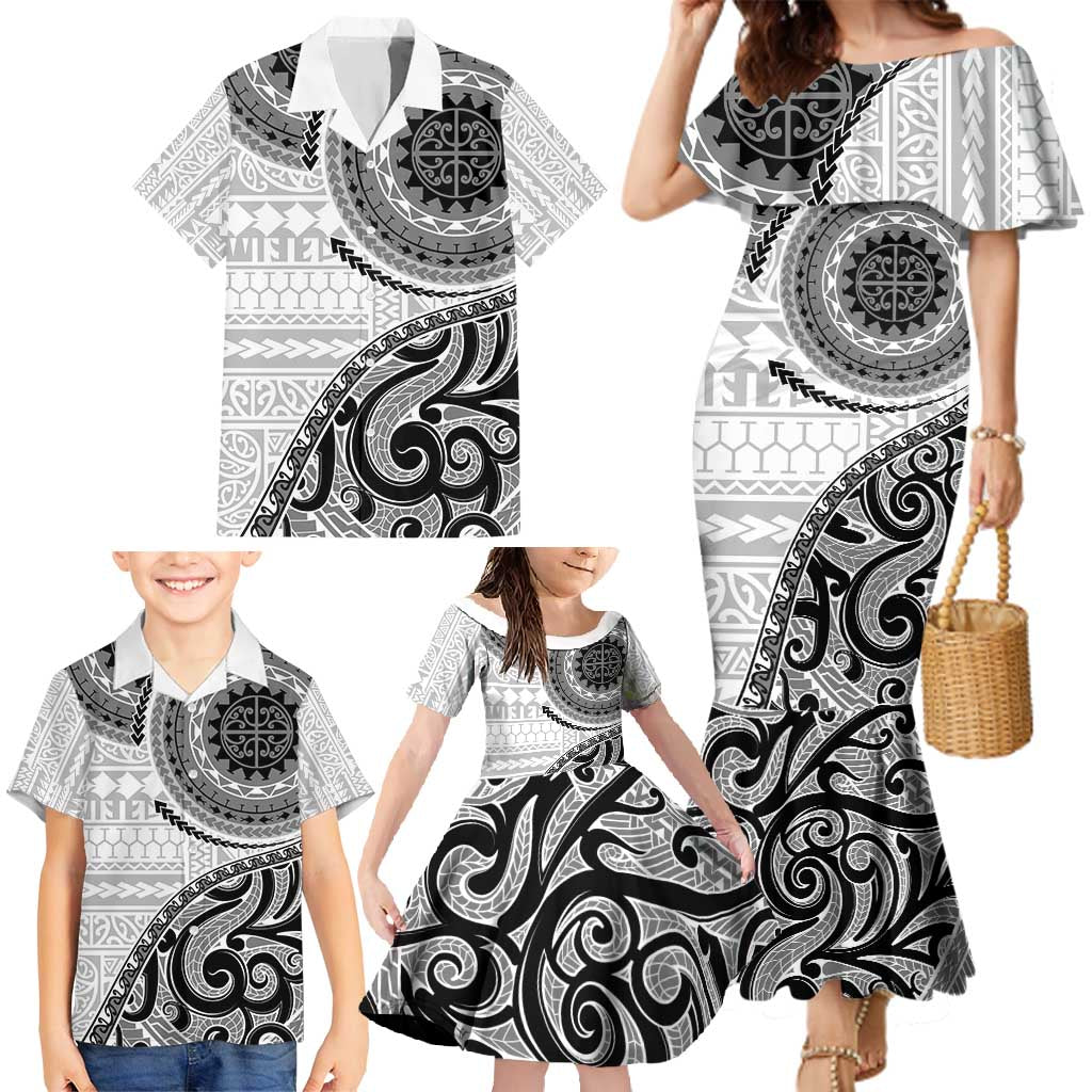 New Zealand White Maori Koru Simple Style Family Matching Mermaid Dress and Hawaiian Shirt