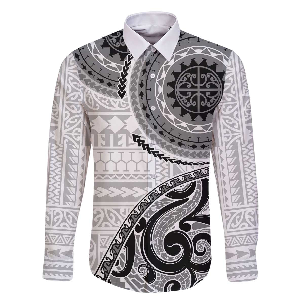 New Zealand White Maori Koru Simple Style Family Matching Off Shoulder Short Dress and Hawaiian Shirt LT05 Dad's Shirt - Long Sleeve White - Polynesian Pride