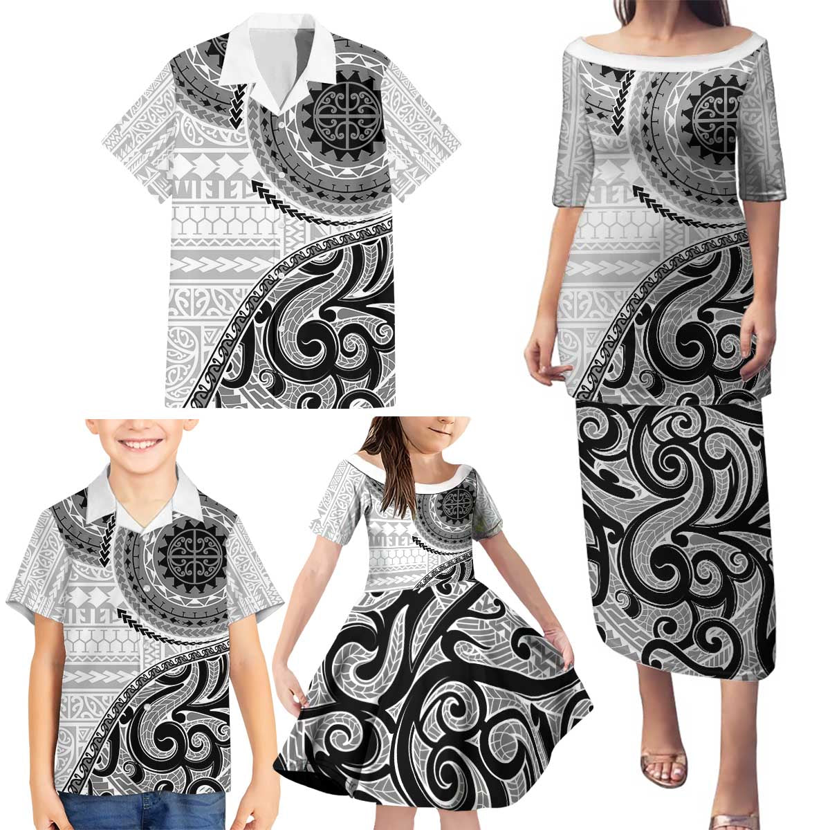 New Zealand White Maori Koru Simple Style Family Matching Puletasi and Hawaiian Shirt