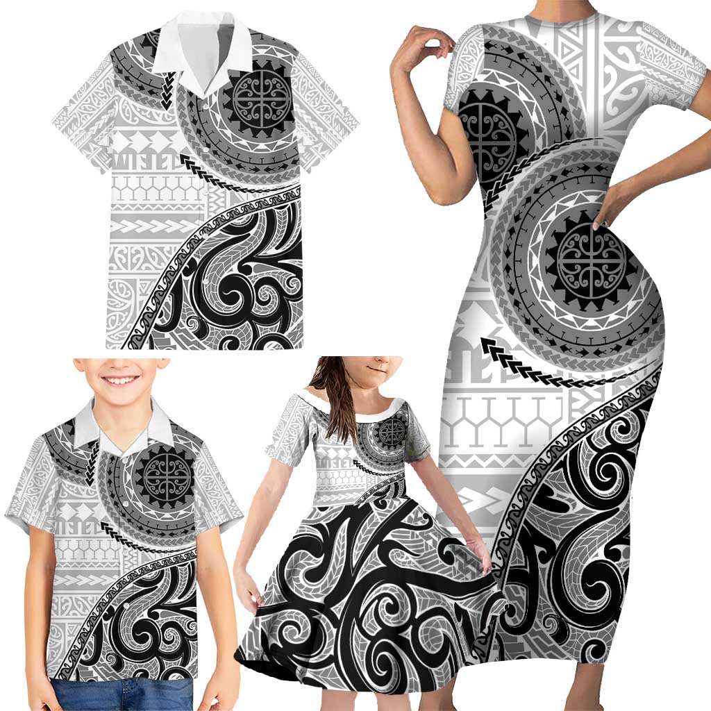 New Zealand White Maori Koru Simple Style Family Matching Short Sleeve Bodycon Dress and Hawaiian Shirt