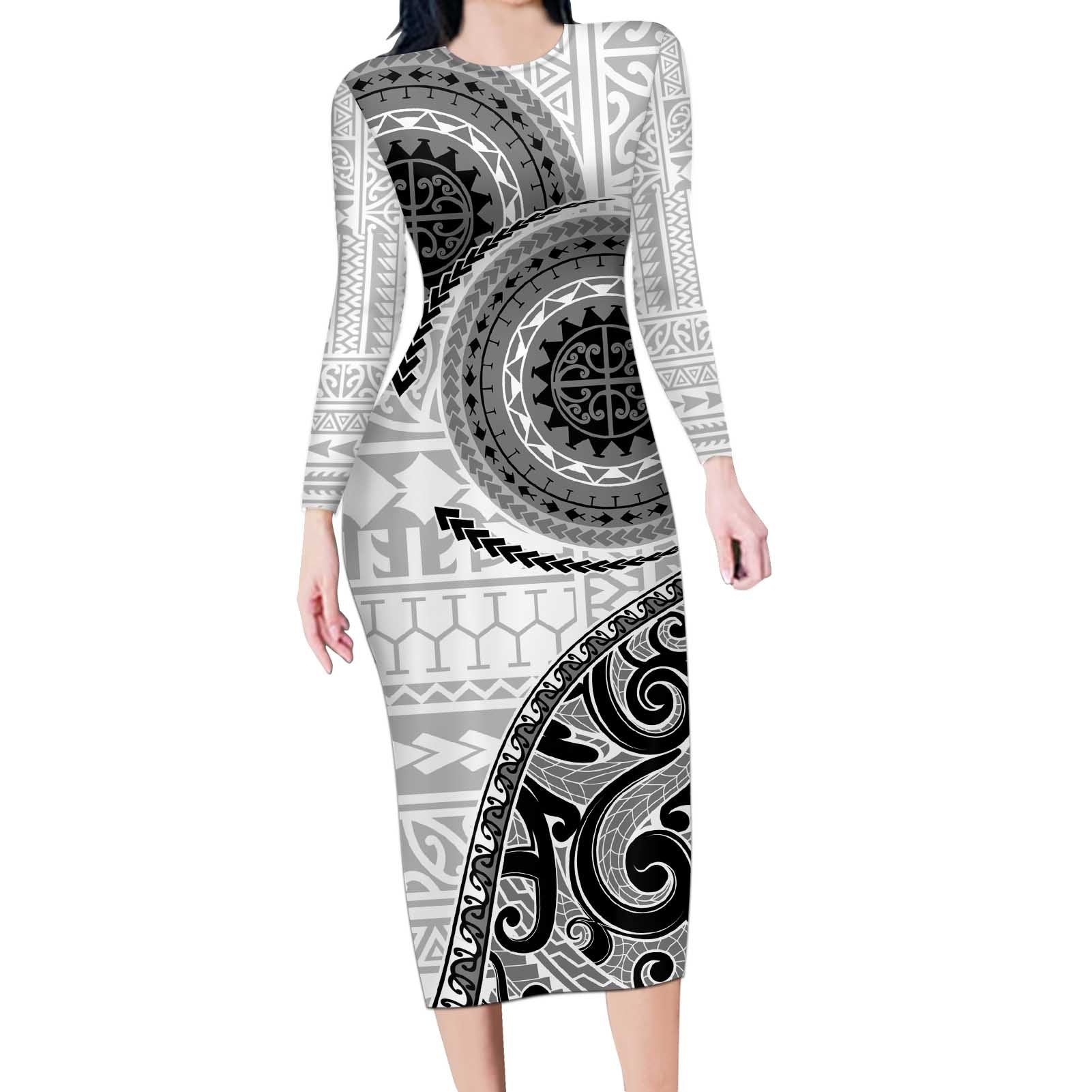 New Zealand White Maori Koru Simple Style Long Sleeve Bodycon Dress