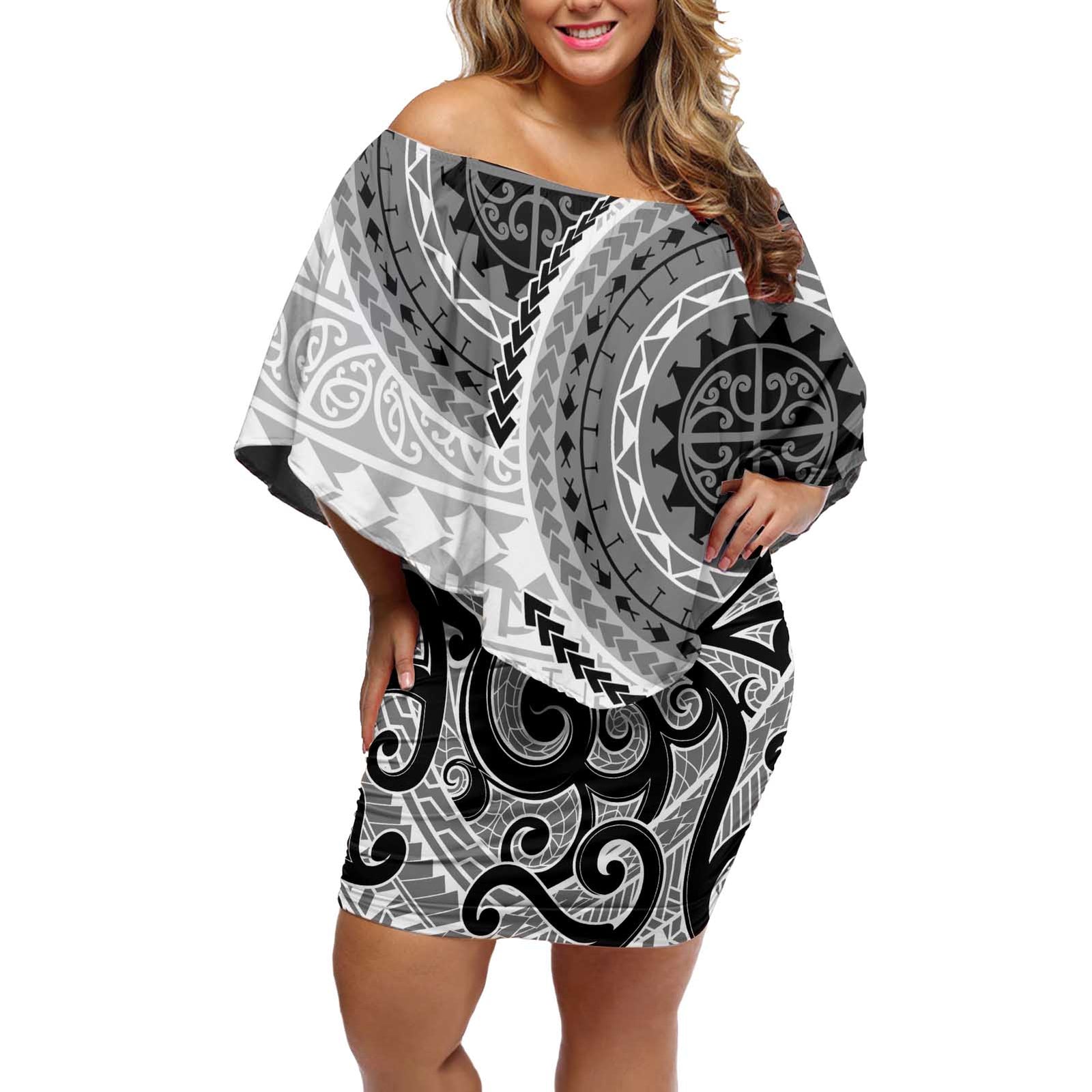 New Zealand White Maori Koru Simple Style Off Shoulder Short Dress LT05 Women White - Polynesian Pride
