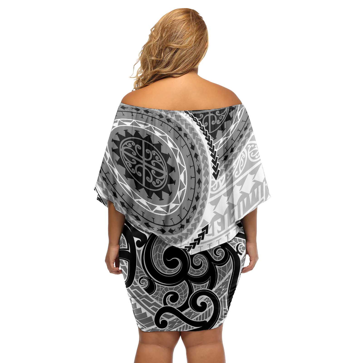 New Zealand White Maori Koru Simple Style Off Shoulder Short Dress LT05 - Polynesian Pride