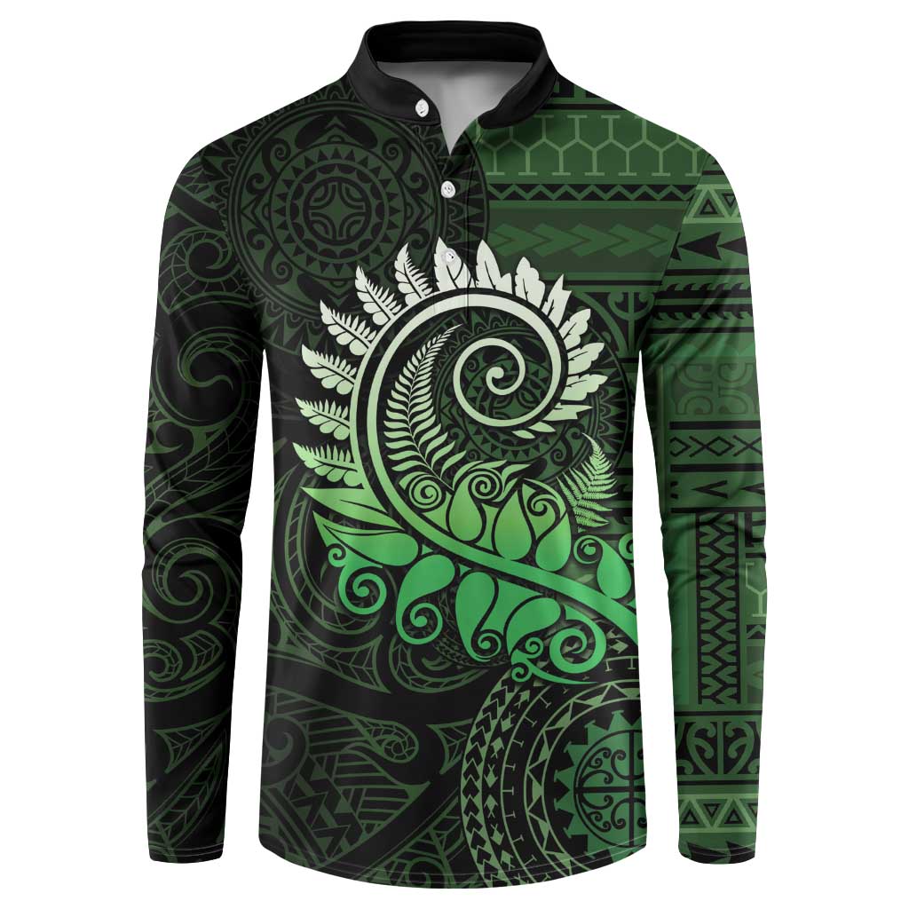 New Zealand Maori Koru Fern Button Sweatshirt Spiral Polynesian Style Green