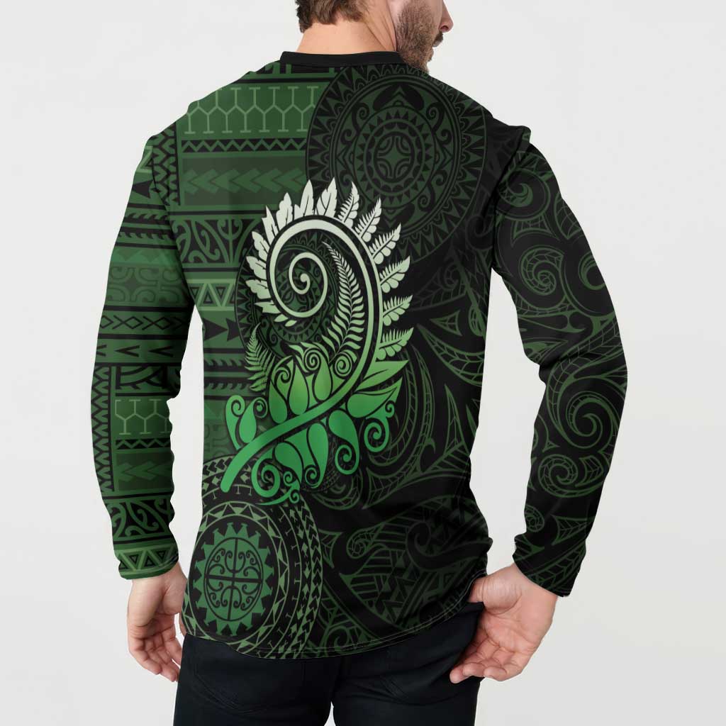 New Zealand Maori Koru Fern Button Sweatshirt Spiral Polynesian Style Green LT05 - Polynesian Pride