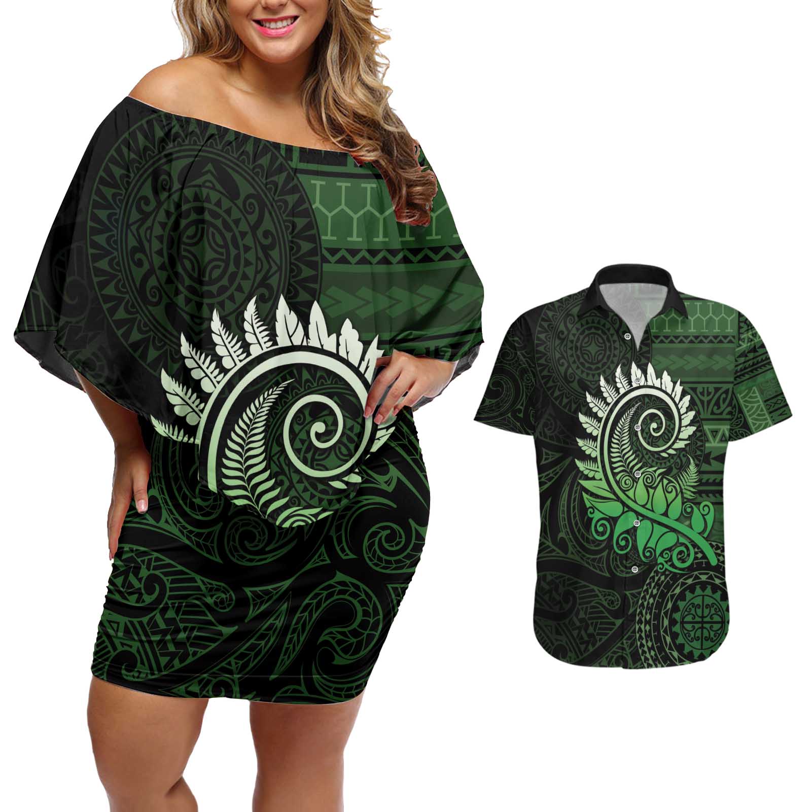 New Zealand Maori Koru Fern Couples Matching Off Shoulder Short Dress and Hawaiian Shirt Spiral Polynesian Style Green