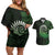 New Zealand Maori Koru Fern Couples Matching Off Shoulder Short Dress and Hawaiian Shirt Spiral Polynesian Style Green