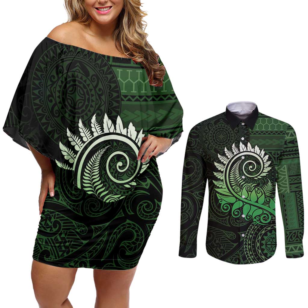 New Zealand Maori Koru Fern Couples Matching Off Shoulder Short Dress and Long Sleeve Button Shirt Spiral Polynesian Style Green