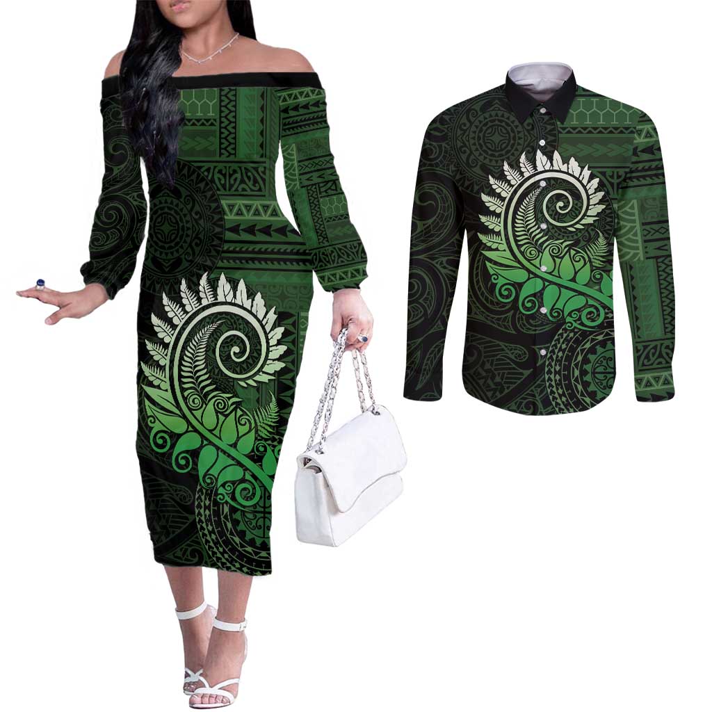 New Zealand Maori Koru Fern Couples Matching Off The Shoulder Long Sleeve Dress and Long Sleeve Button Shirt Spiral Polynesian Style Green