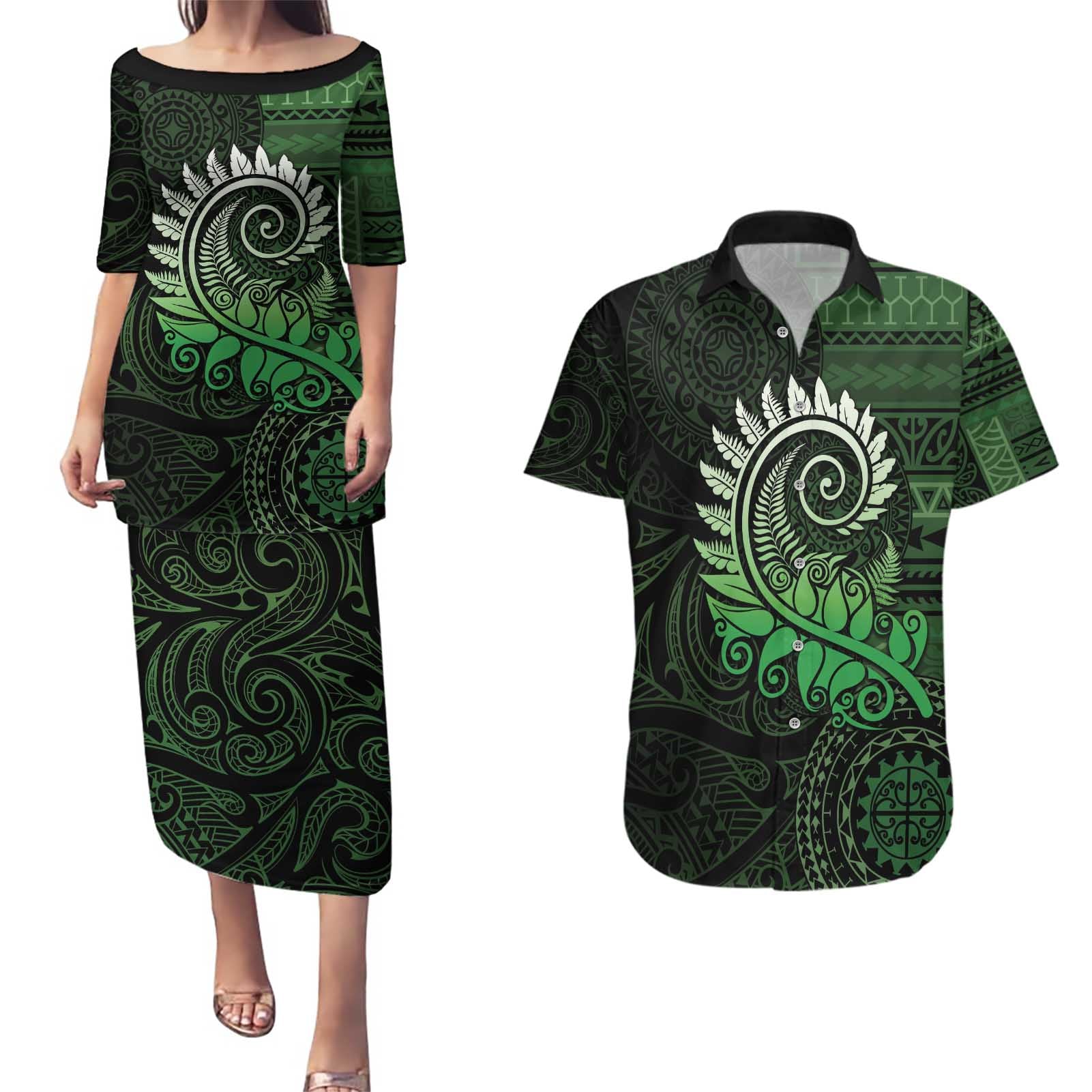 New Zealand Maori Koru Fern Couples Matching Puletasi and Hawaiian Shirt Spiral Polynesian Style Green