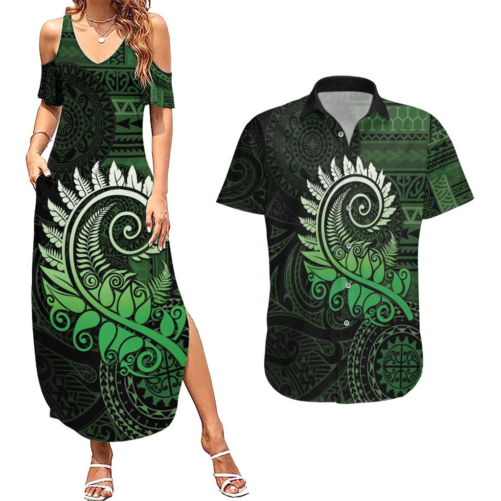 New Zealand Maori Koru Fern Couples Matching Summer Maxi Dress and Hawaiian Shirt Spiral Polynesian Style Green