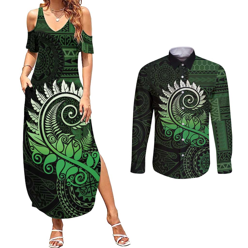 New Zealand Maori Koru Fern Couples Matching Summer Maxi Dress and Long Sleeve Button Shirt Spiral Polynesian Style Green