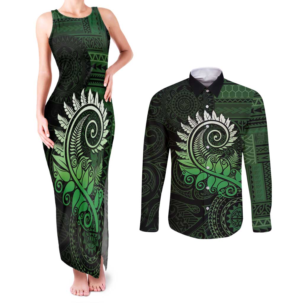 New Zealand Maori Koru Fern Couples Matching Tank Maxi Dress and Long Sleeve Button Shirt Spiral Polynesian Style Green