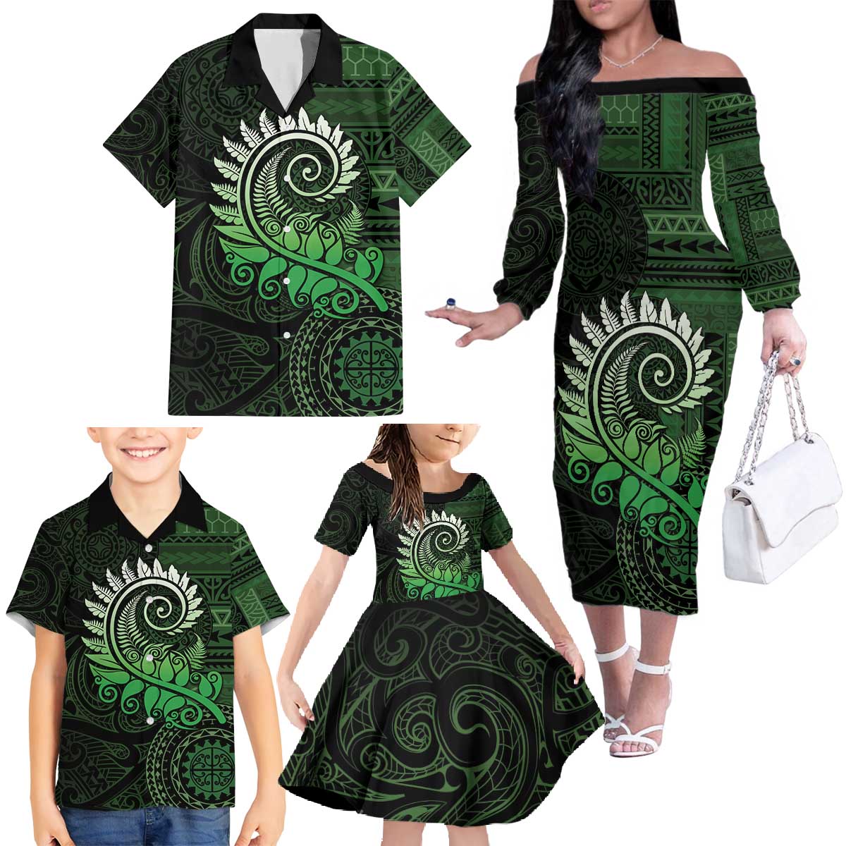 New Zealand Maori Koru Fern Family Matching Off The Shoulder Long Sleeve Dress and Hawaiian Shirt Spiral Polynesian Style Green