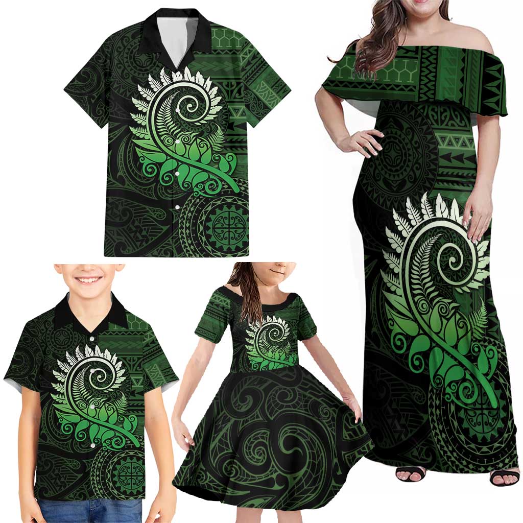 New Zealand Maori Koru Fern Family Matching Off Shoulder Maxi Dress and Hawaiian Shirt Spiral Polynesian Style Green