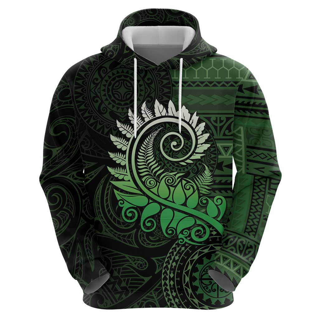 New Zealand Maori Koru Fern Hoodie Spiral Polynesian Style Green