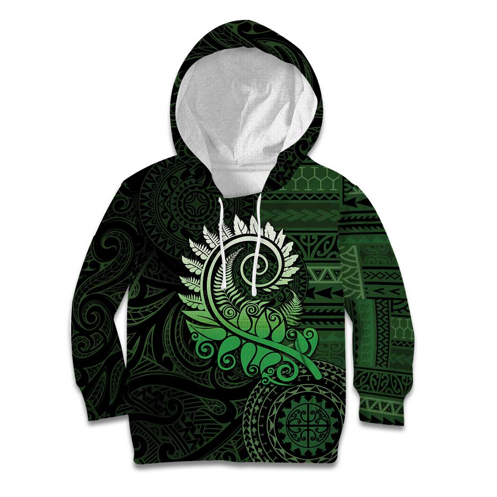 New Zealand Maori Koru Fern Kid Hoodie Spiral Polynesian Style Green