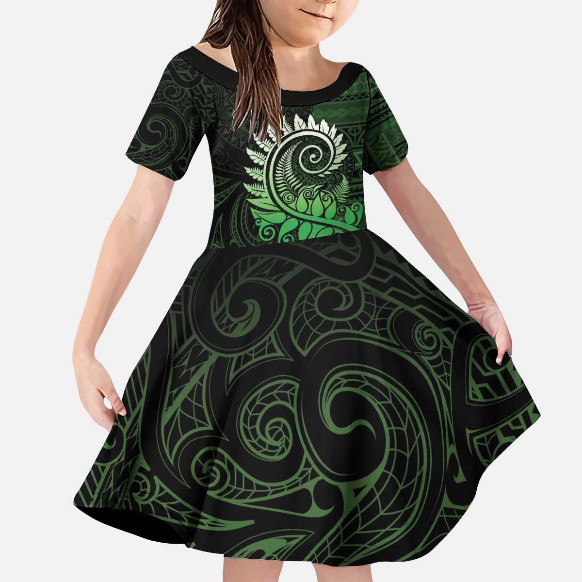 New Zealand Maori Koru Fern Kid Short Sleeve Dress Spiral Polynesian Style Green