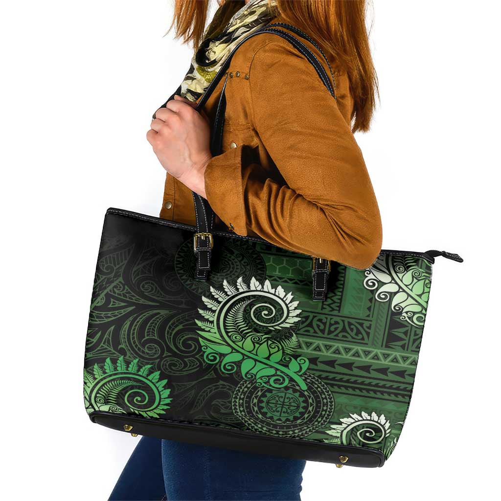 New Zealand Maori Koru Fern Leather Tote Bag Spiral Polynesian Style Green