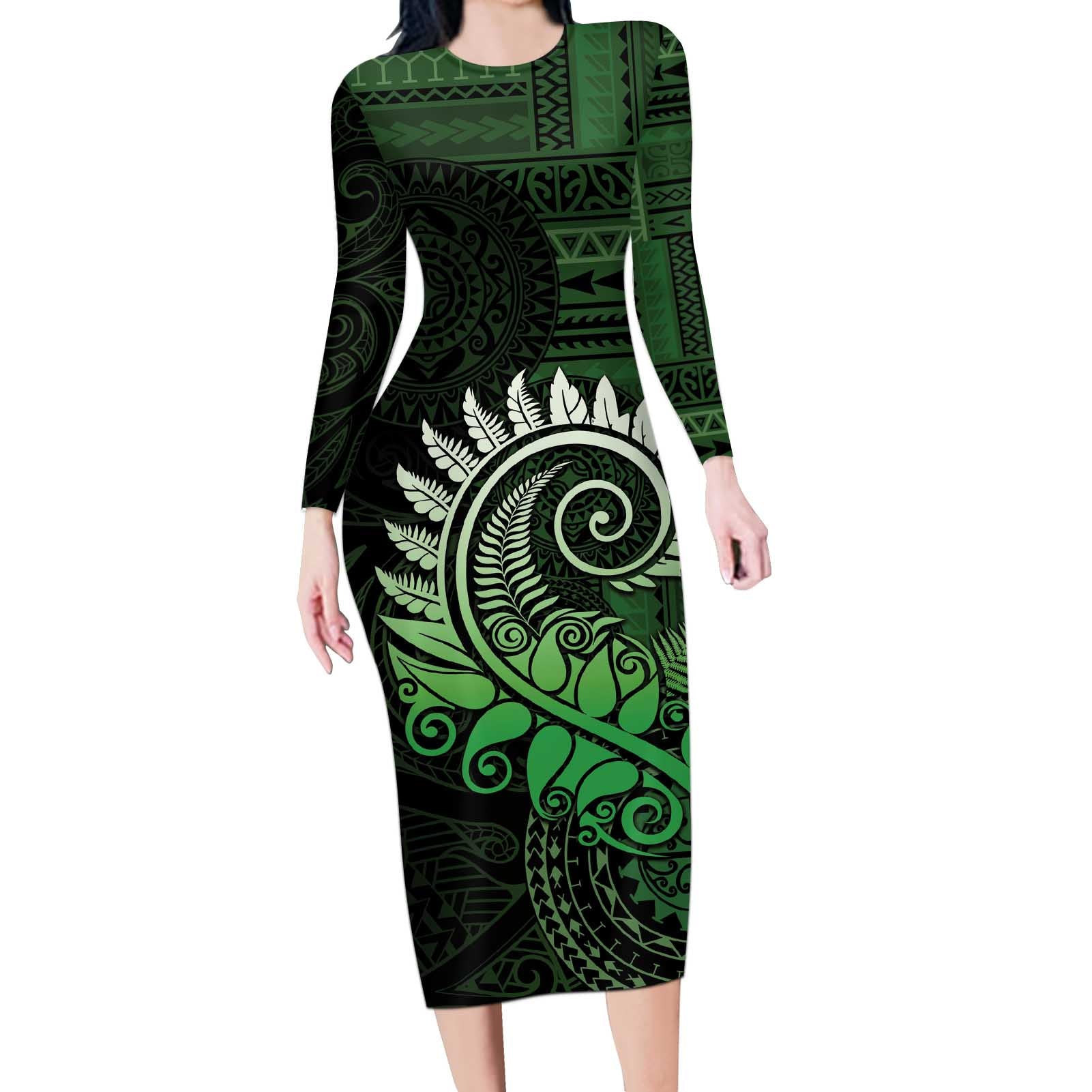 New Zealand Maori Koru Fern Long Sleeve Bodycon Dress Spiral Polynesian Style Green